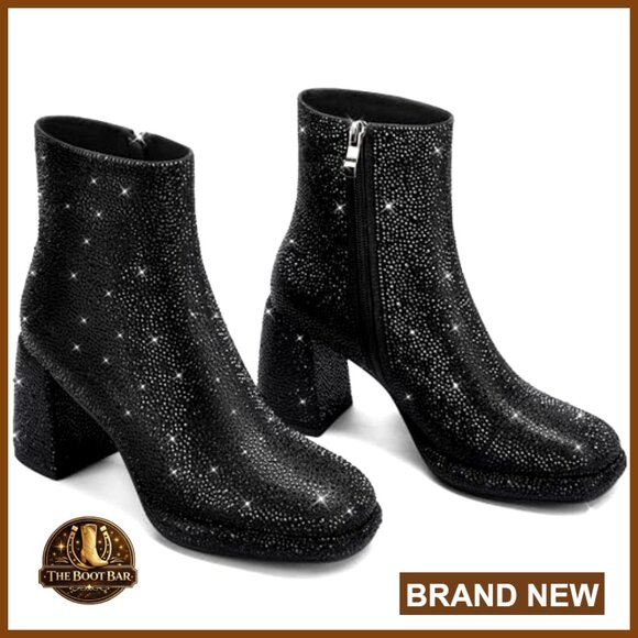 Sparkly Rhinestone Ankle Booties Chunky Block Heel Platform Wedding Party - Picture 5 of 7